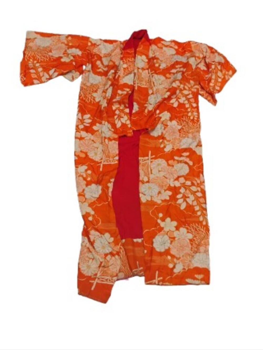 Vintage 1960s 1970s Orange Print Silk Kimono OS